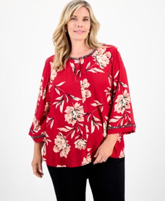 JM Collection - Plus Size Beaded-Trim Floral 3/4-Sleeve Top