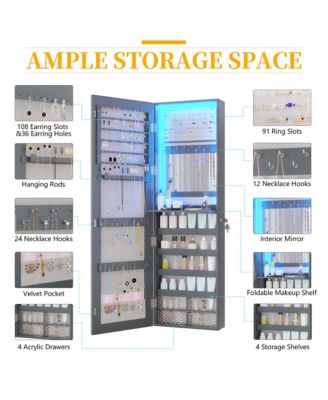 Wall/Door Mounted LED Jewelry Storage Mirror Cabinet