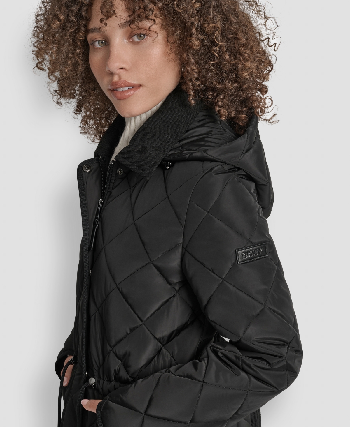 Dkny Women's Corduroy-collar Quilted Anorak Coat In Black