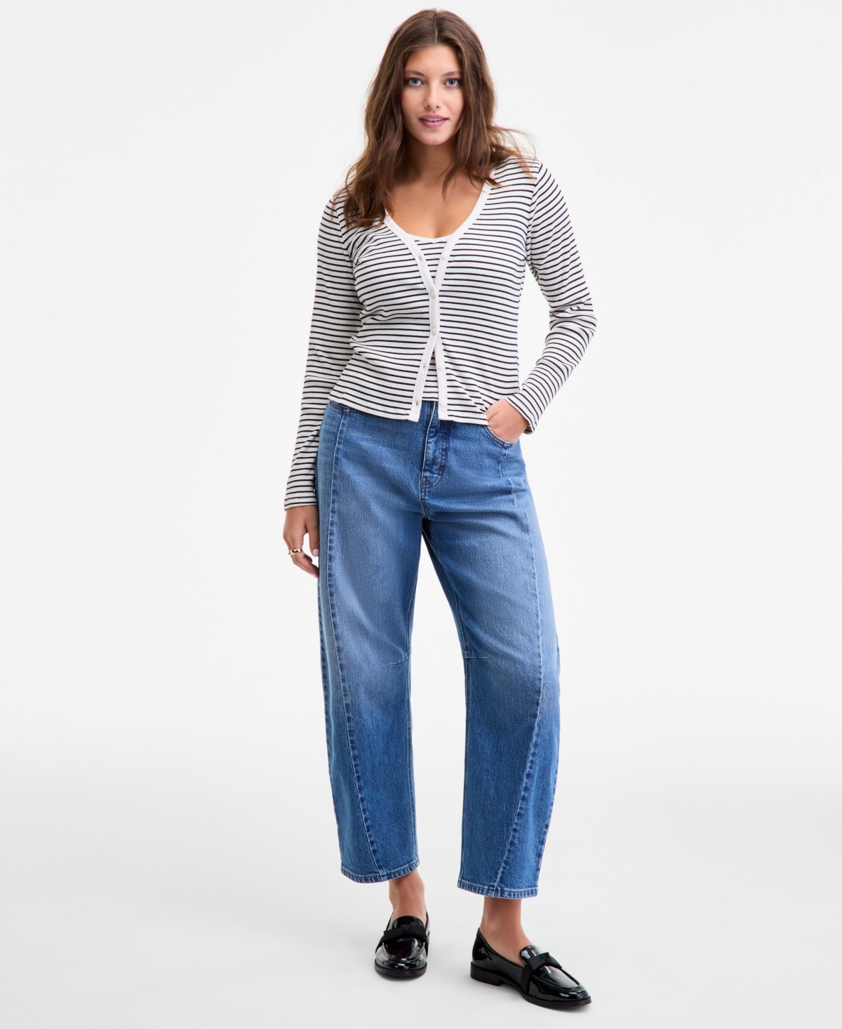 On 34th Womens Ribbed Striped Cardigan V Neck Tank Cropped Barrel Jeans Macys Exclusive In Blue
