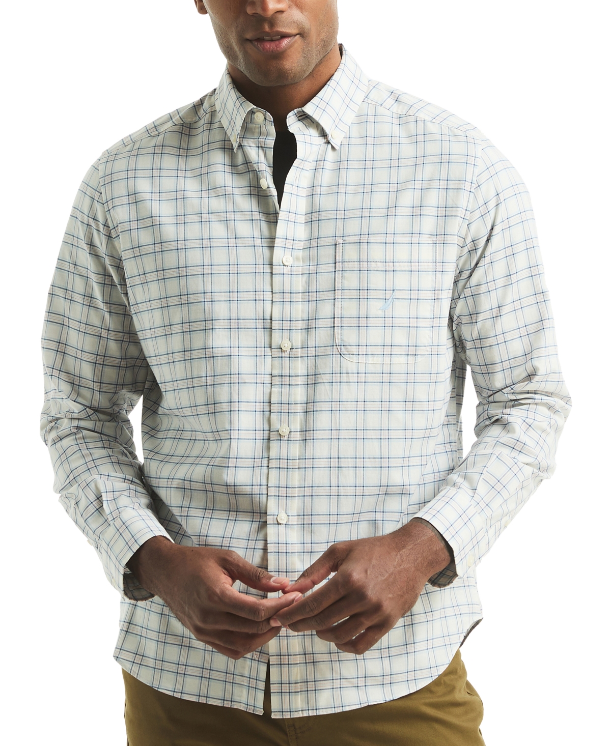 Men's Long Sleeve Plaid Button-Down Shirt - Blue Coral