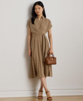 Ralph Lauren Womens Geo Print Belted Crepe Dress 0p 18 In Brown