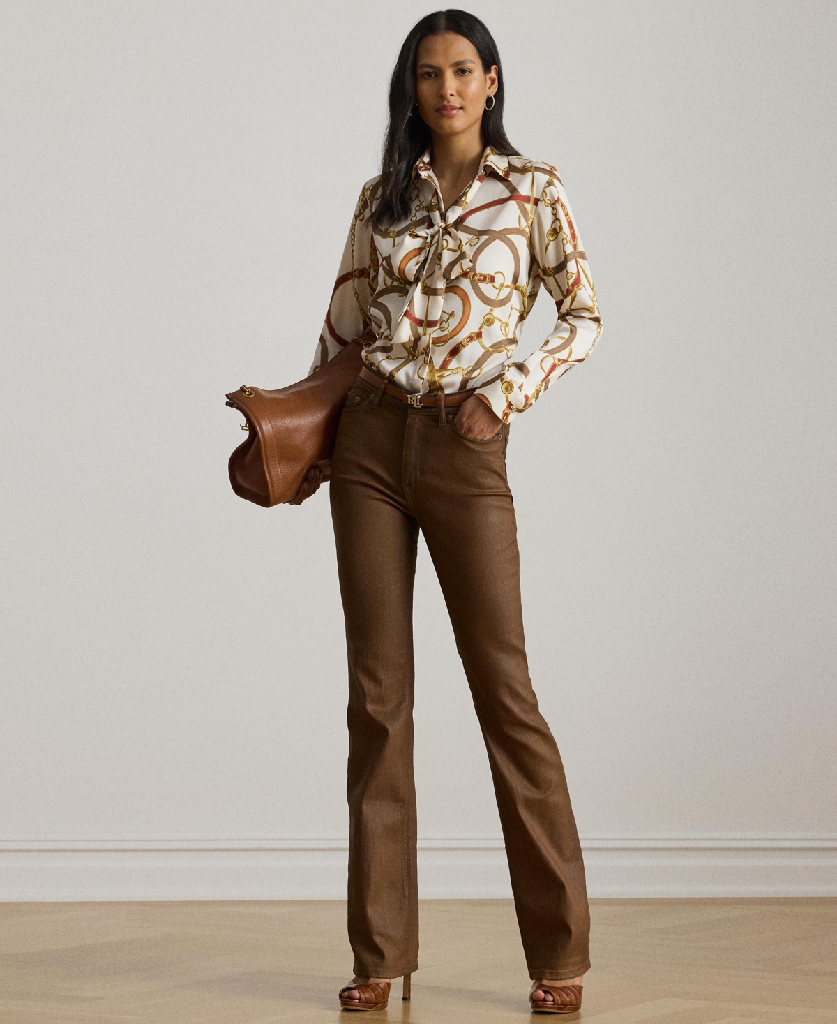 Ralph Lauren Womens Classic Fit Print Twill Tie Neck Shirt P Xs Xxl In Brown