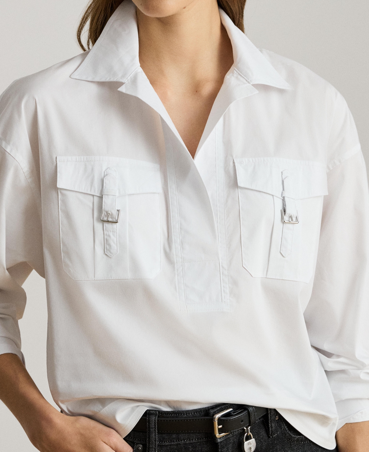 Ralph Lauren Women's Buckle-trim Cotton-blend Shirt In White