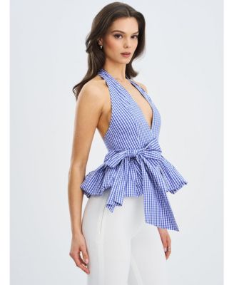 Women's Ilene Blue and White Checkered Bubble Hem Halter Top