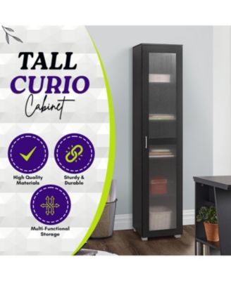 Tall Curio Cabinet – Bookshelf with 5 Shelves & Glass Door for Living Room, Kitchen, Bedroom or Office