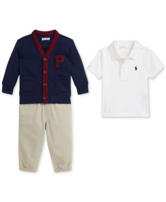 Polo Ralph Lauren - Baby Boys Fleece Cardigan, Mesh Polo Shirt & Chino Pant Set