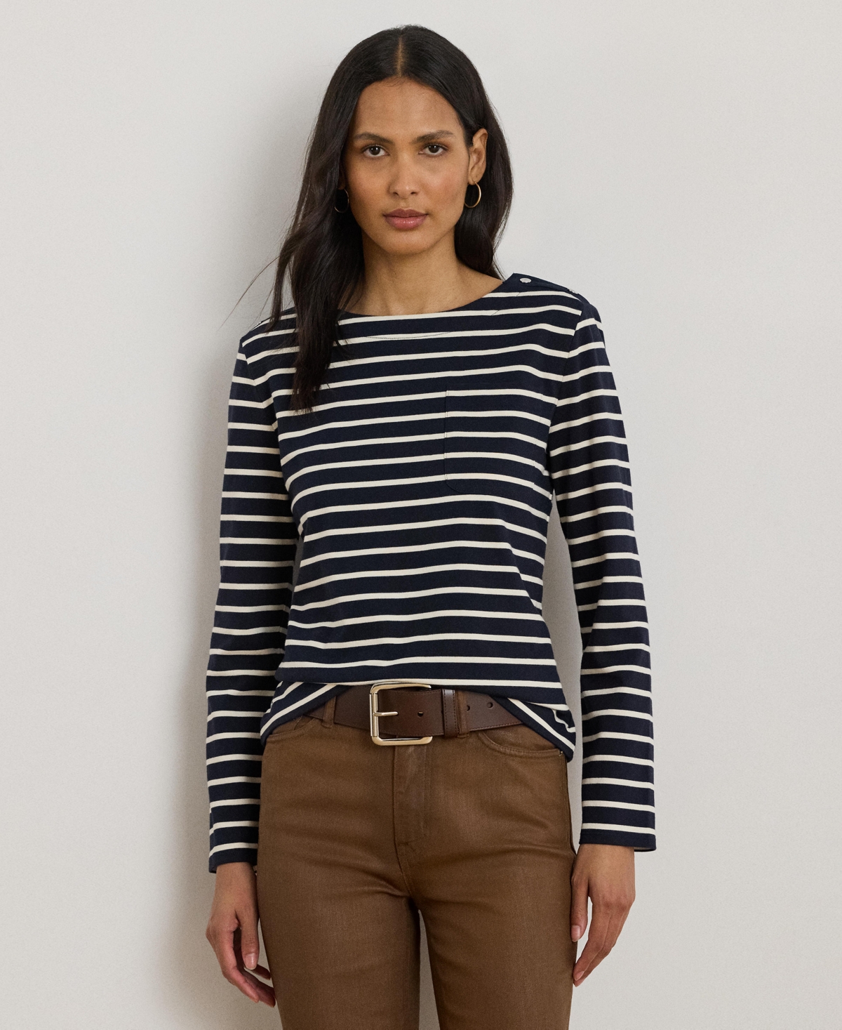 Ralph Lauren Womens Striped Jersey Snap Trim Boatneck Top P Xs Xxl In Multi