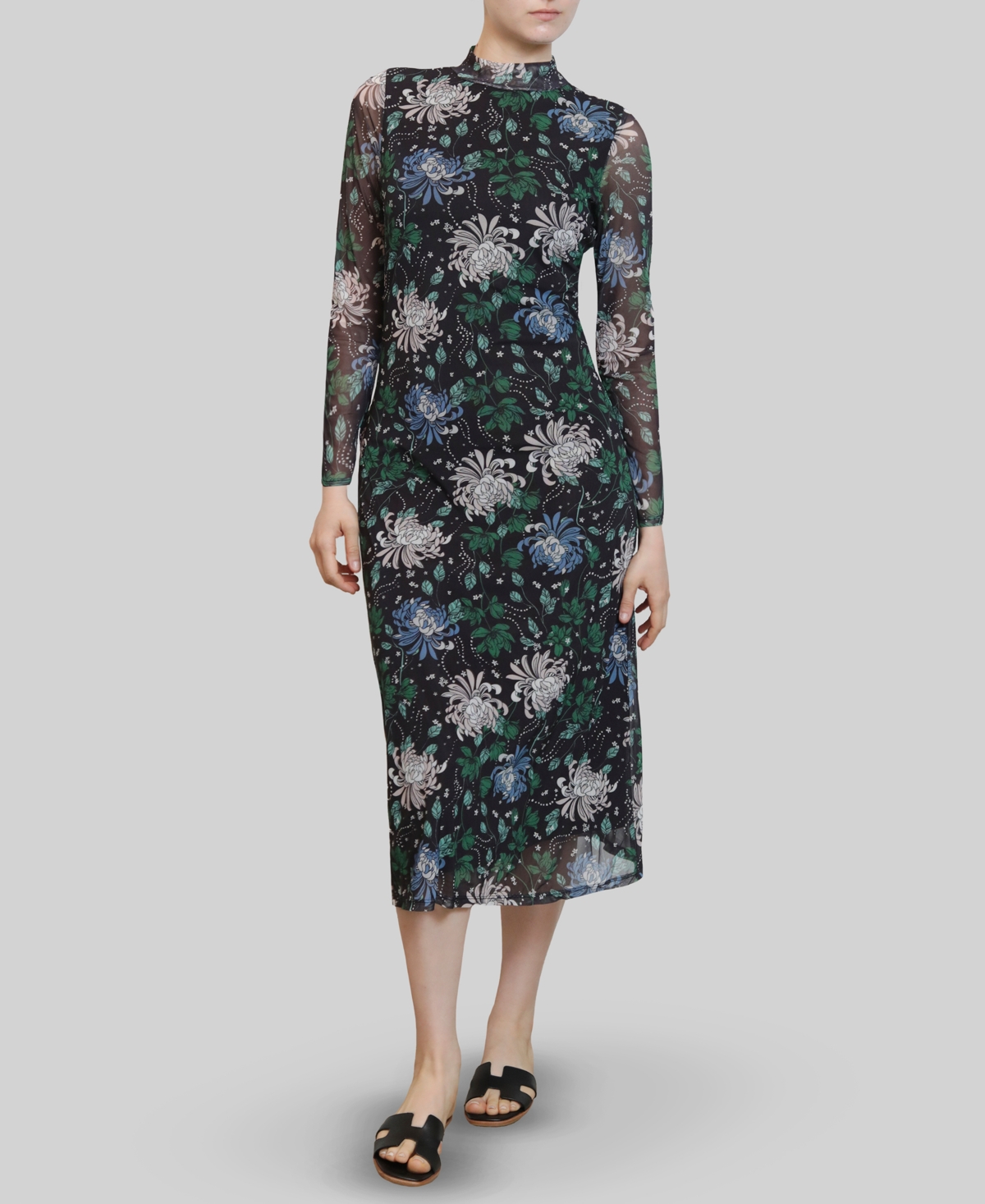 Juniors' Printed-Mesh Long-Sleeve Dress - Dark Navy