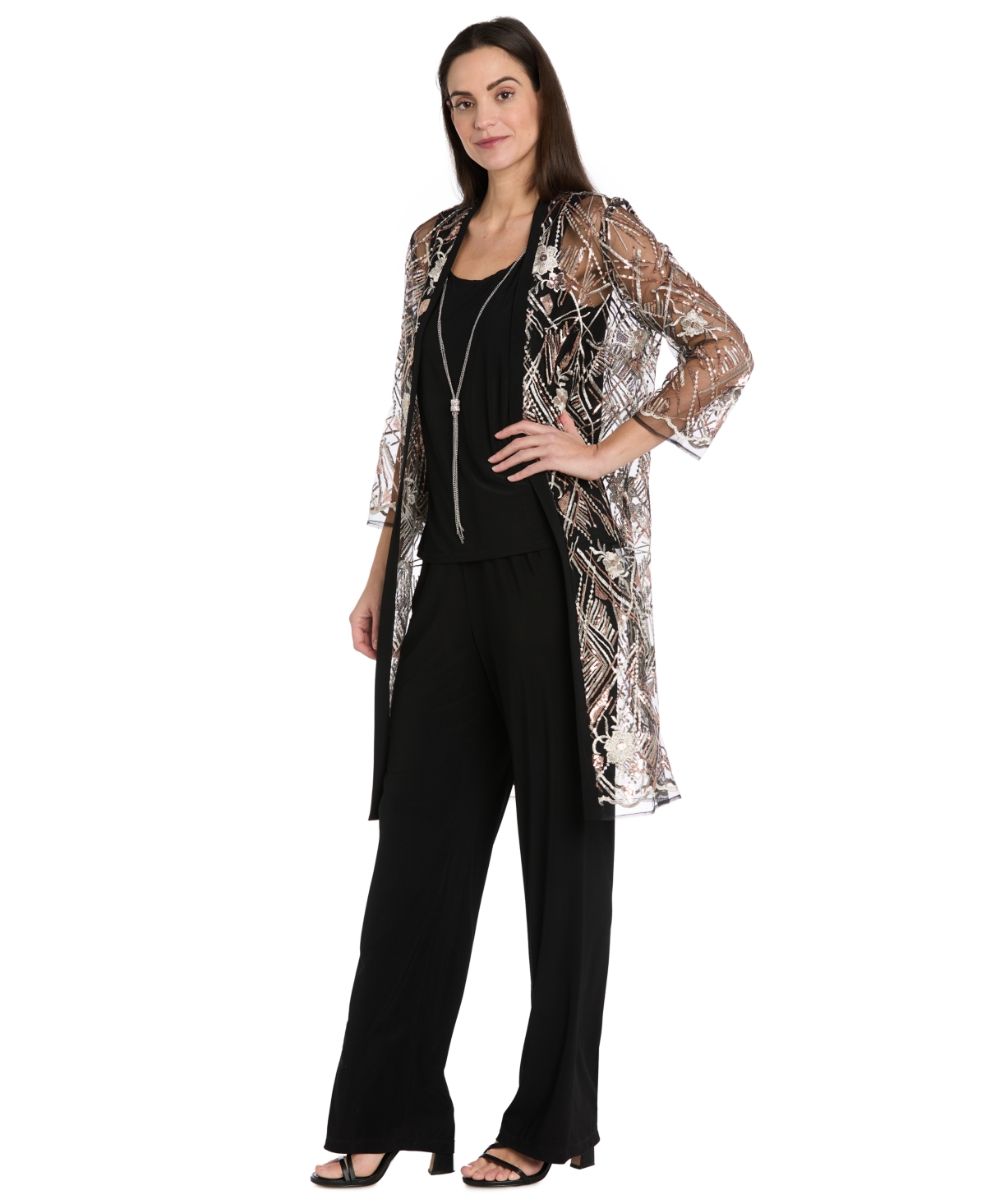 R & M Richards Women's Embellished Sheer Long Jacket, Sleeveless Top And Pants Set In Multi