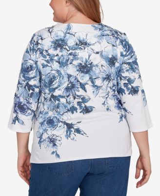 Plus Size Floral Split Beaded Keyhole Neck Top