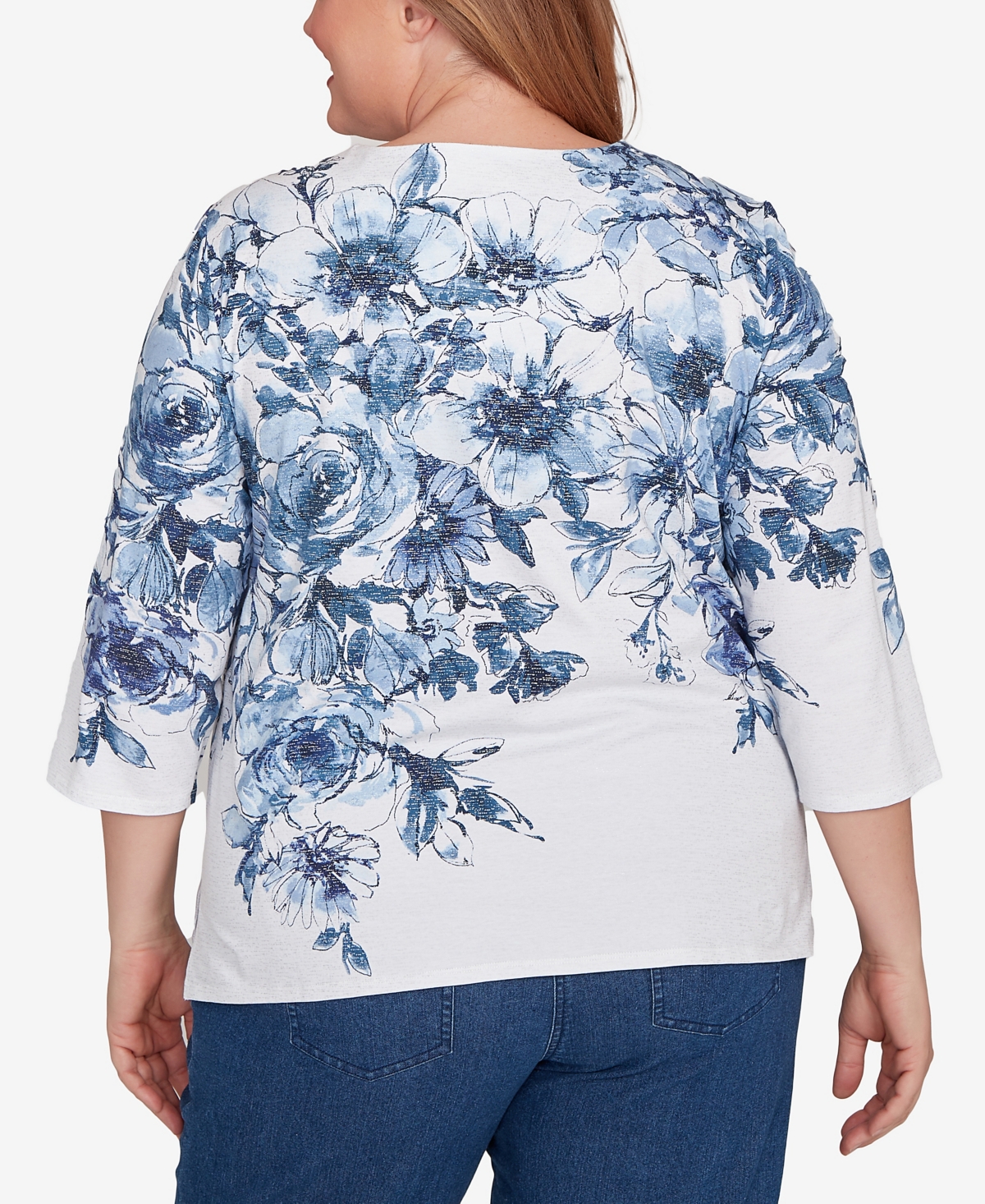 Alfred Dunner Plus Size Floral Split Beaded Keyhole Neck Top In Blue