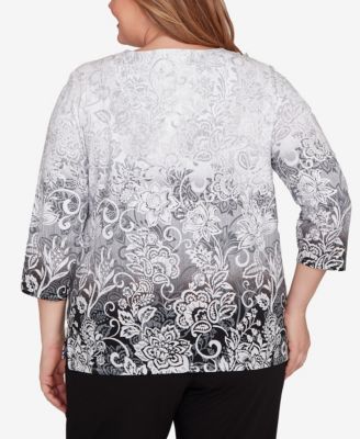 Plus Size Ombre Scroll Split Beaded Neck Top
