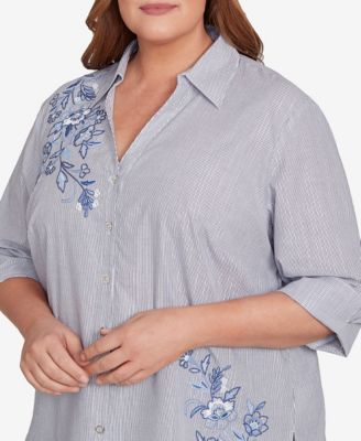 Plus Size Classic Diagonal Floral Metallic Stripe Button Front Top