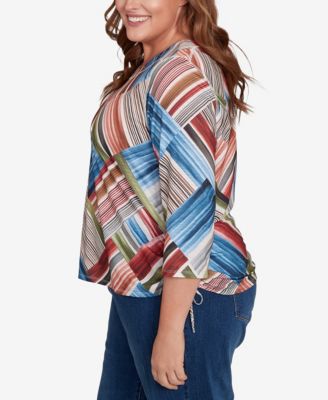 Plus Size Classic Stripe Patchwork Ruched Sides Top