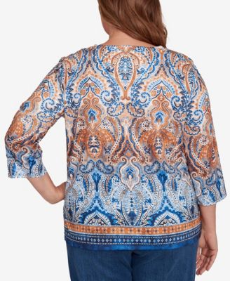 Plus Size Classic Medallion Bordered Square Neck Top