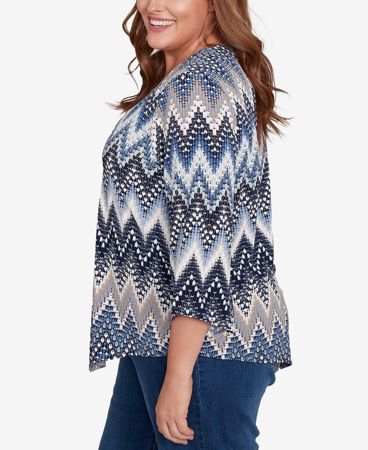 Alfred Dunner Plus Size Classic Puff Print Textured Chevron Crew Neck Top In Blue