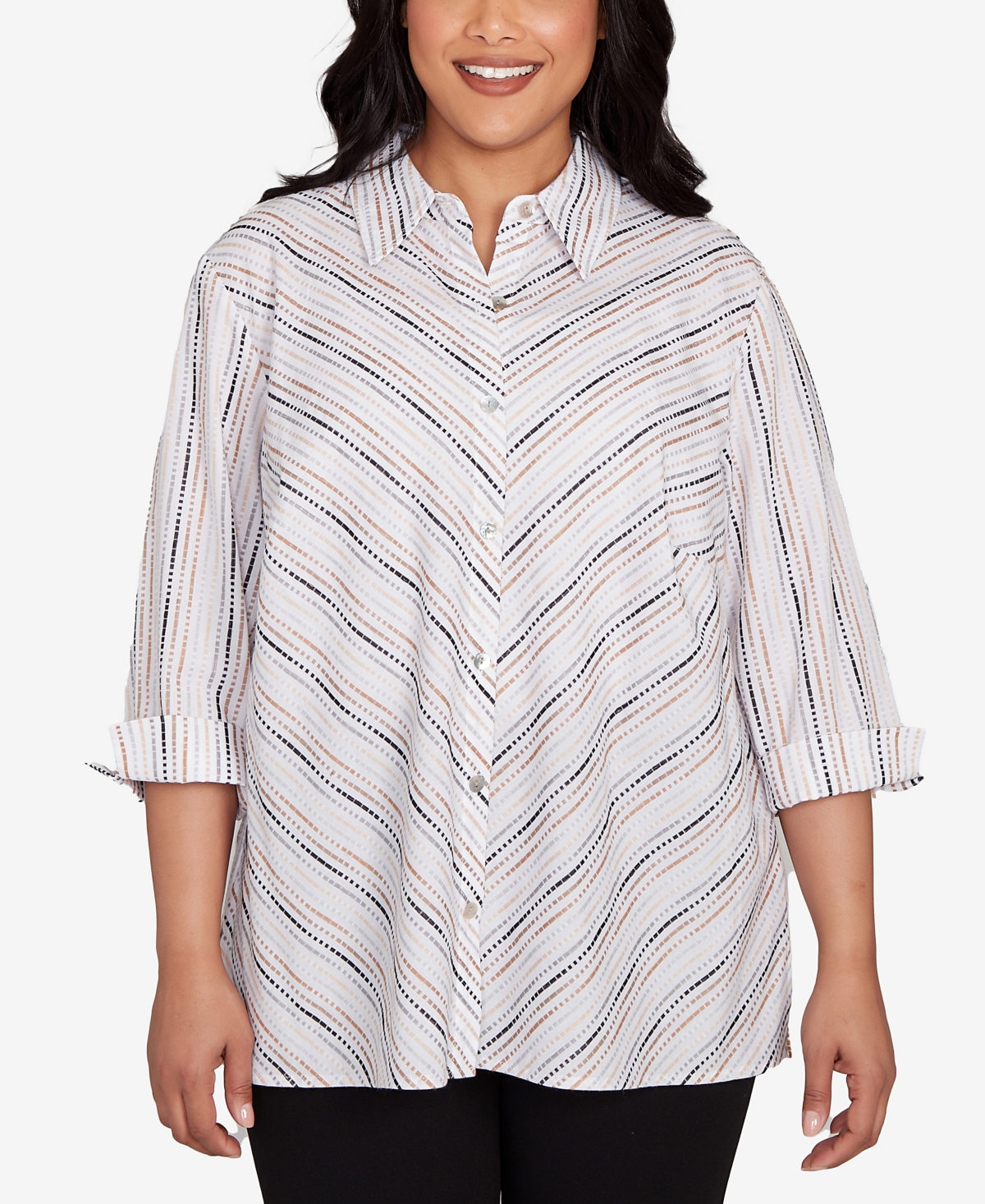 Alfred Dunner Plus Size Classic Mitered Textured Stripe Button Front Top