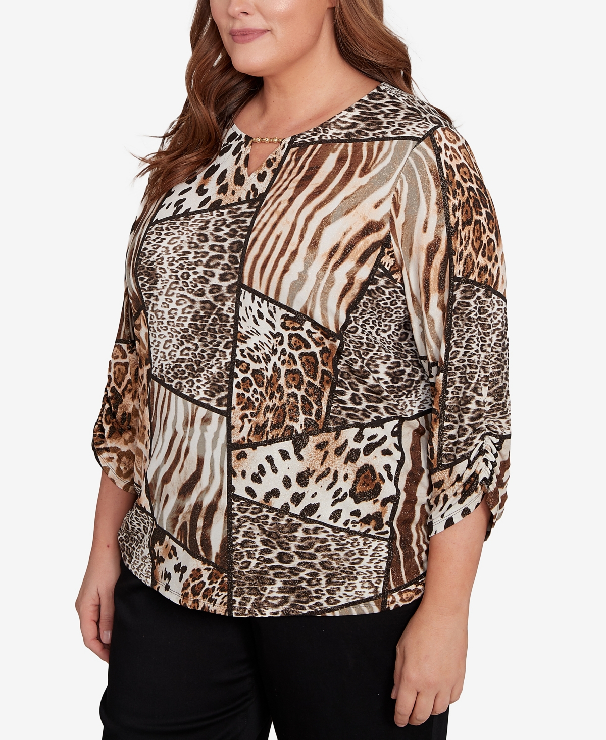 Alfred Dunner Plus Classic Puff Print Animal Colorblock Keyhole Neck Top