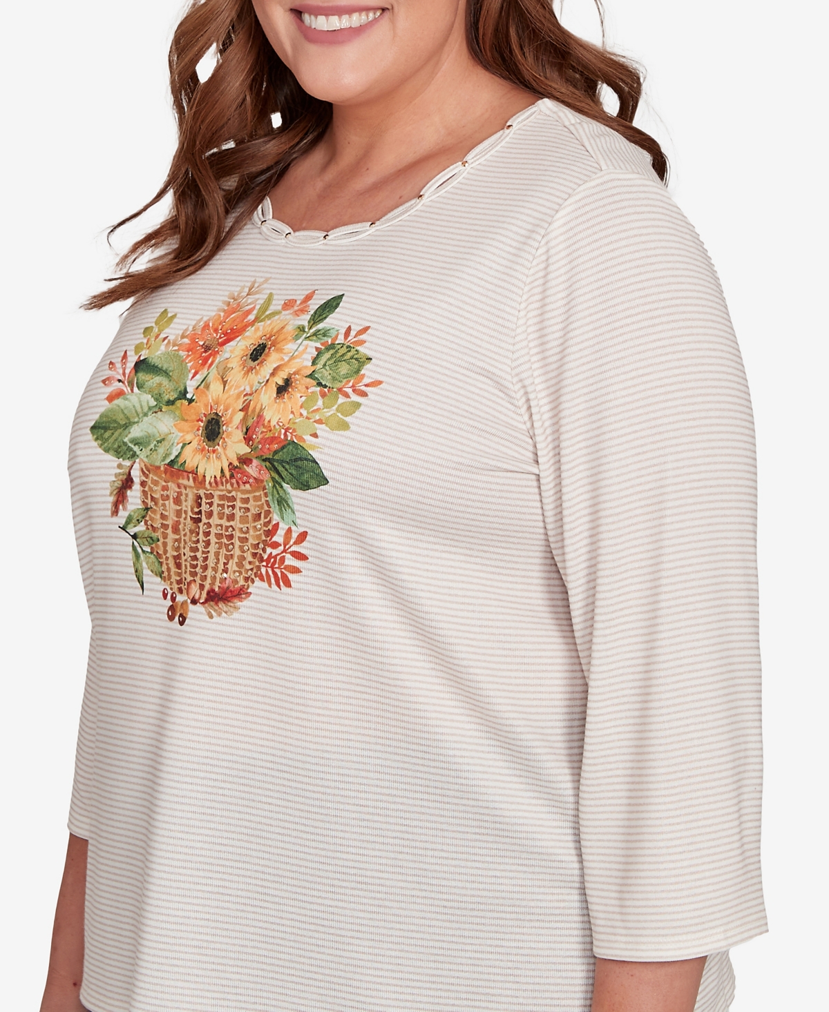 Alfred Dunner Plus Size Classic Harvest Basket Crew Neck Top In Multi