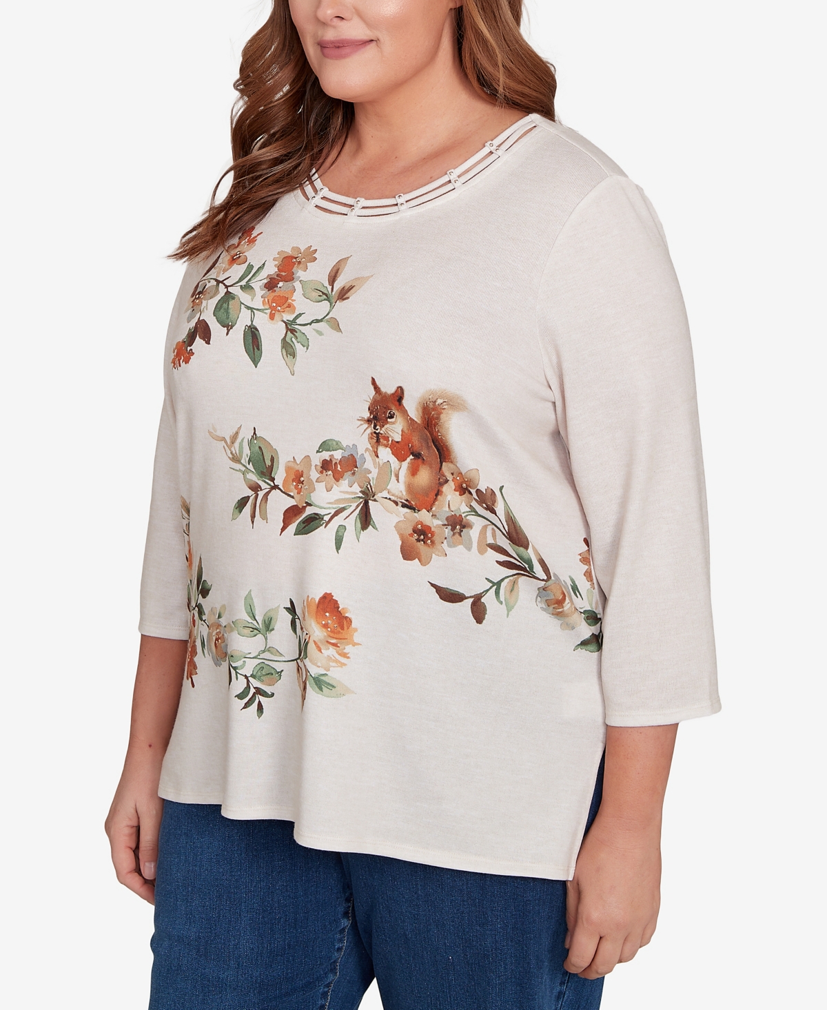 Alfred Dunner Plus Size Classic Floral Squirrel Harvest Top In Neutral