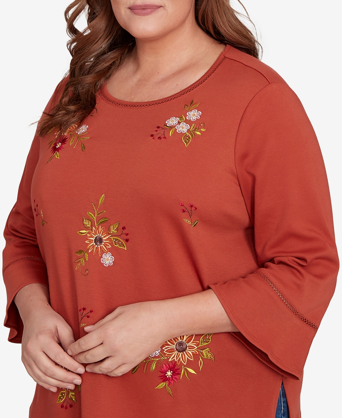 Alfred Dunner Plus Size Classic Tossed Floral Flutter Sleeve Top In Brown