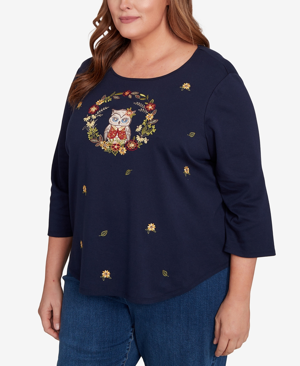 Alfred Dunner Plus Size Classic Owl Wreath Embroidered Top In Blue