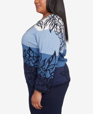 Plus Size Classic Ombre Floral Block Stripe Sweater