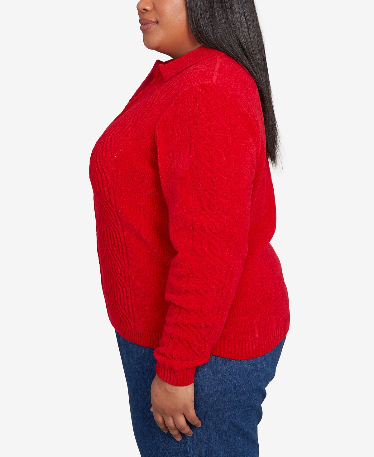Alfred Dunner Plus Size Classic Zip-front Chenille Collared Cardigan Sweater In Red