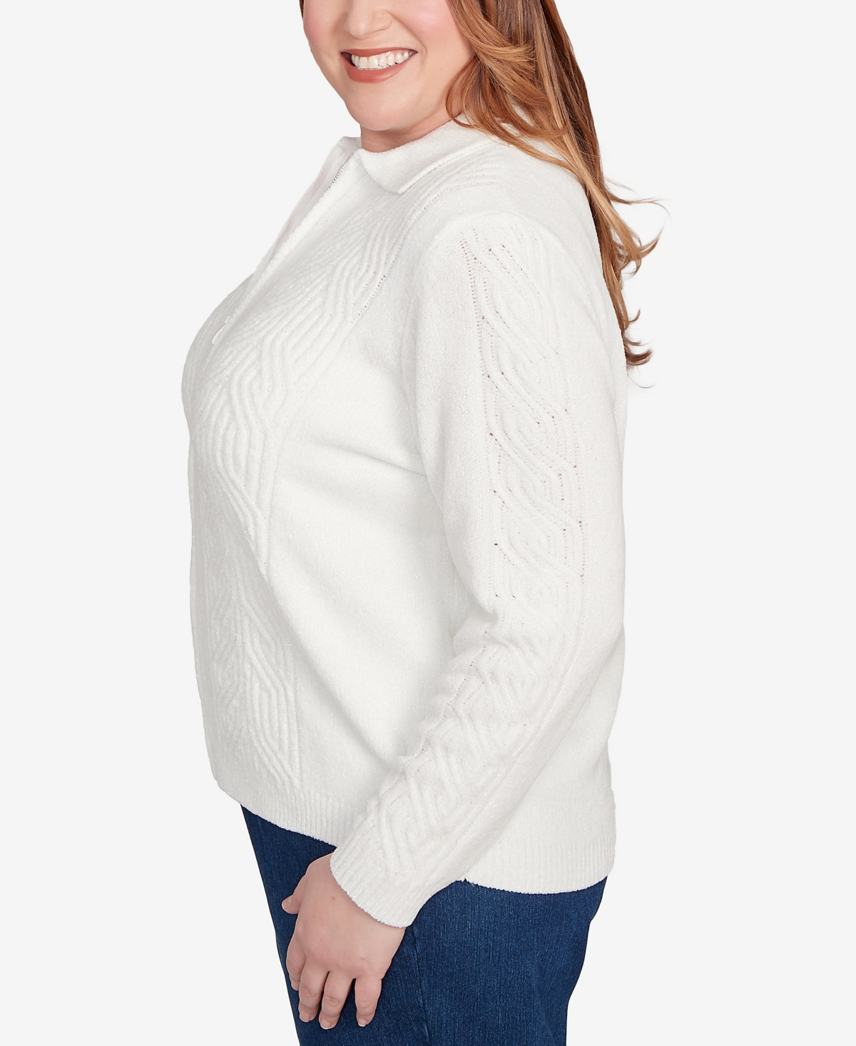 Alfred Dunner Plus Size Classic Zip-front Chenille Collared Cardigan Sweater In White