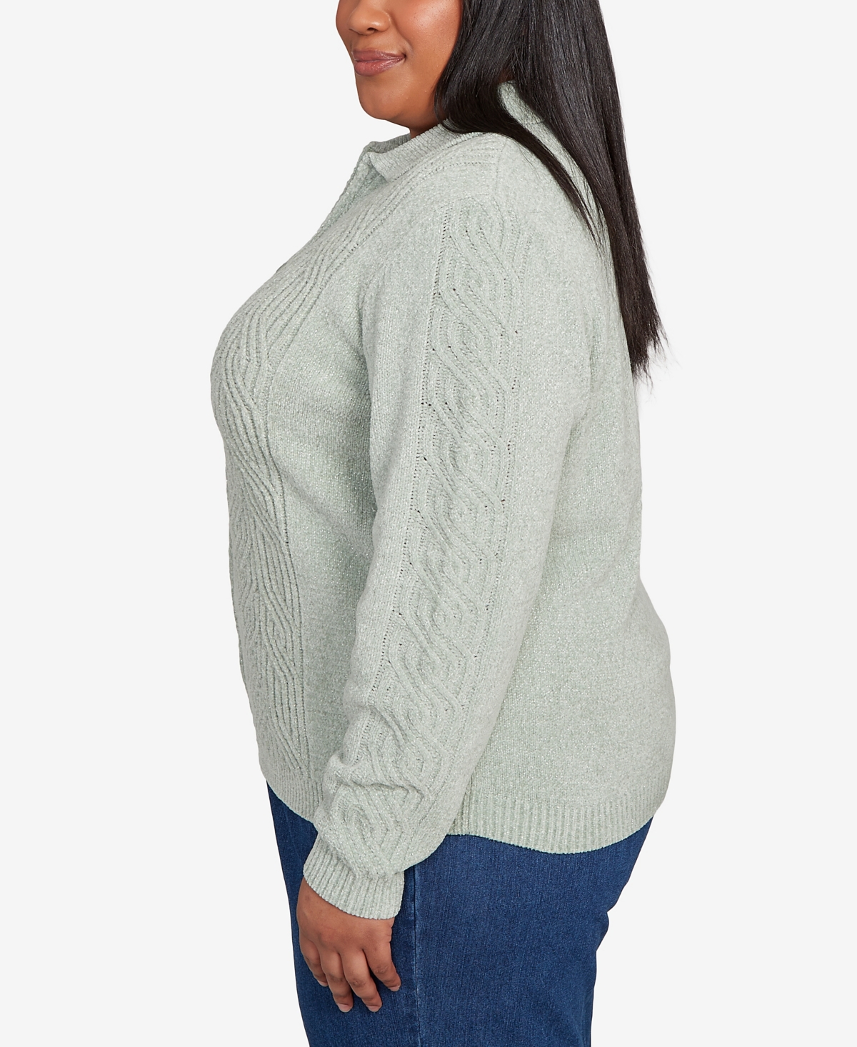 Alfred Dunner Plus Size Classic Zip-front Chenille Collared Cardigan Sweater In Green