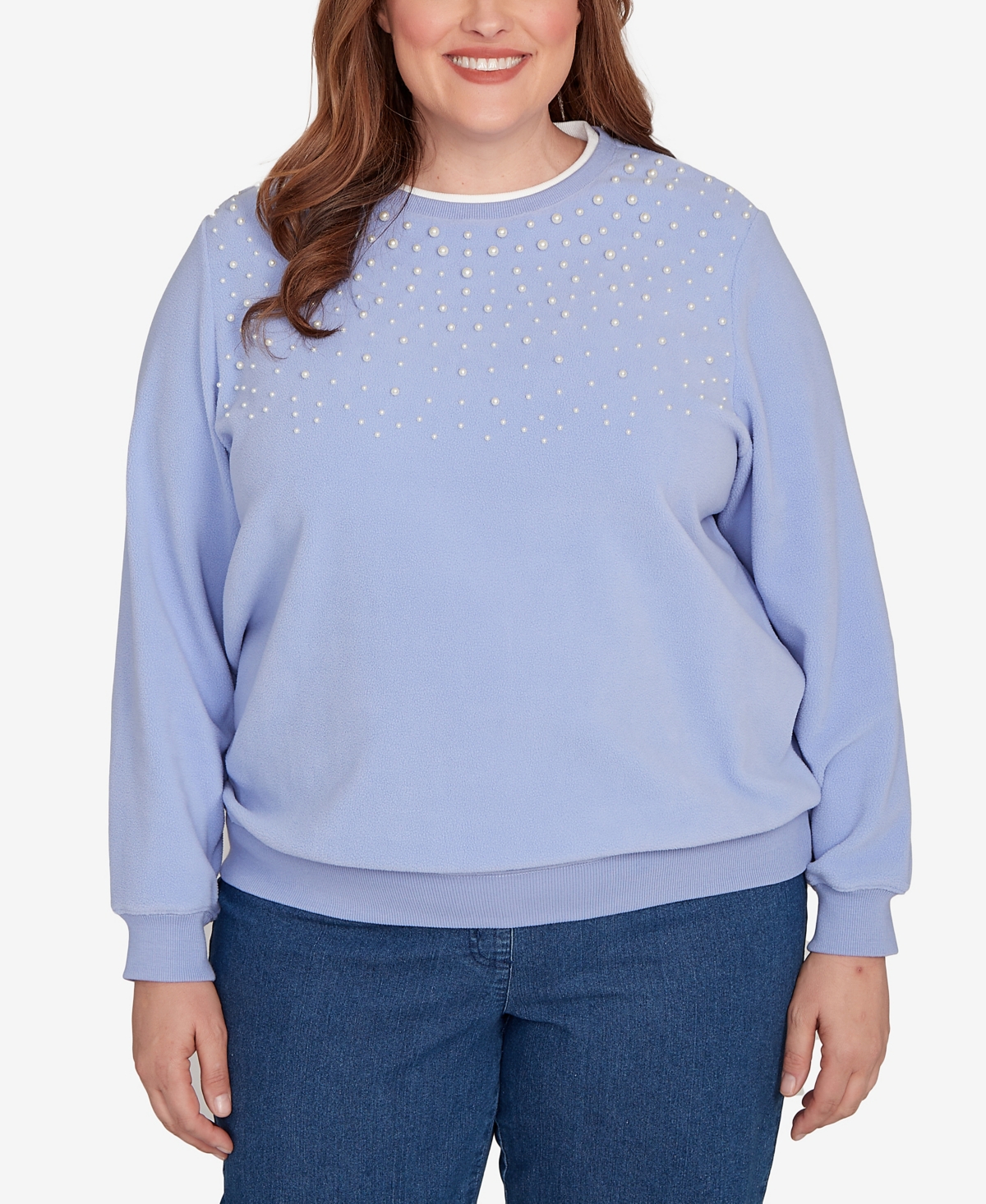 Alfred Dunner Plus Size Classic Embellished Neckline Anti-pill Sweater In Blue