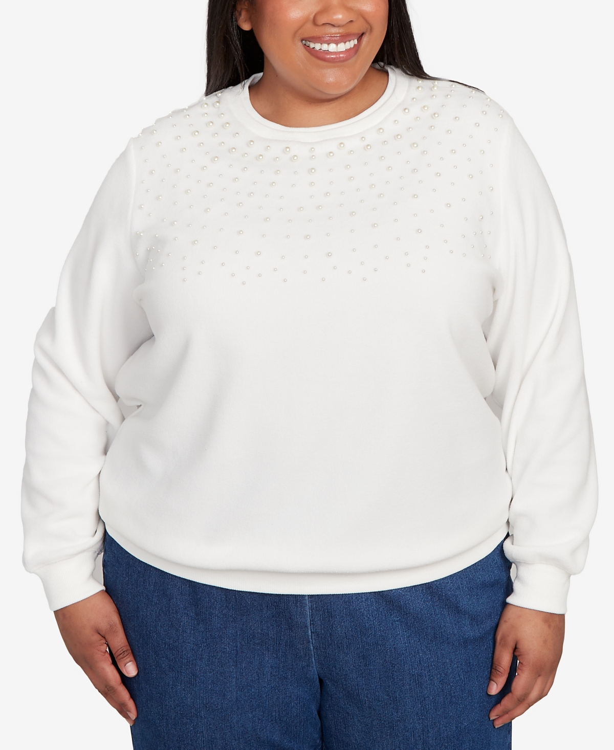 Alfred Dunner Plus Size Classic Embellished Neckline Anti-pill Sweater In White