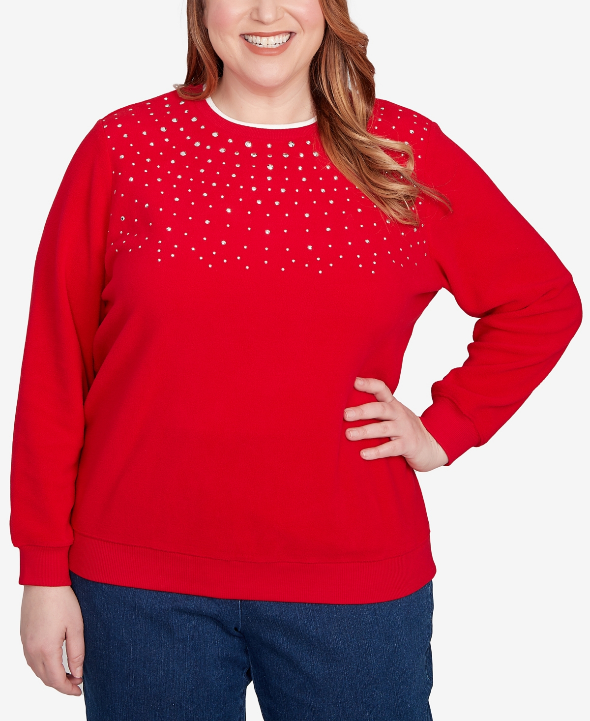 Alfred Dunner Plus Size Classic Embellished Neckline Anti-pill Sweater In Red