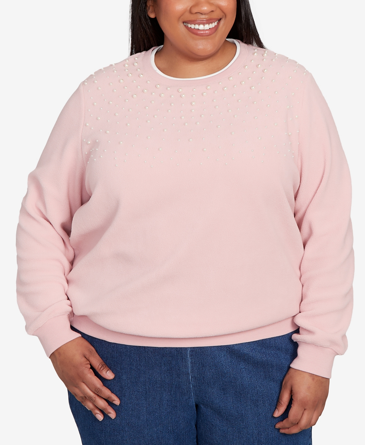 Alfred Dunner Plus Size Classic Embellished Neckline Anti-pill Sweater In Pink