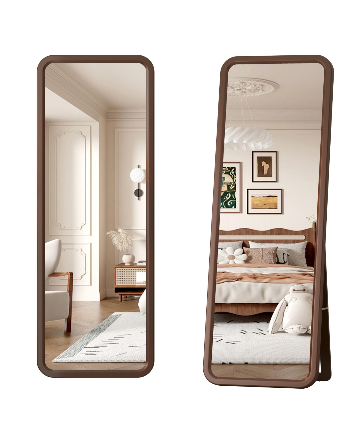 Full-length mirror with wooden frame for floor standing or wall mounting - White