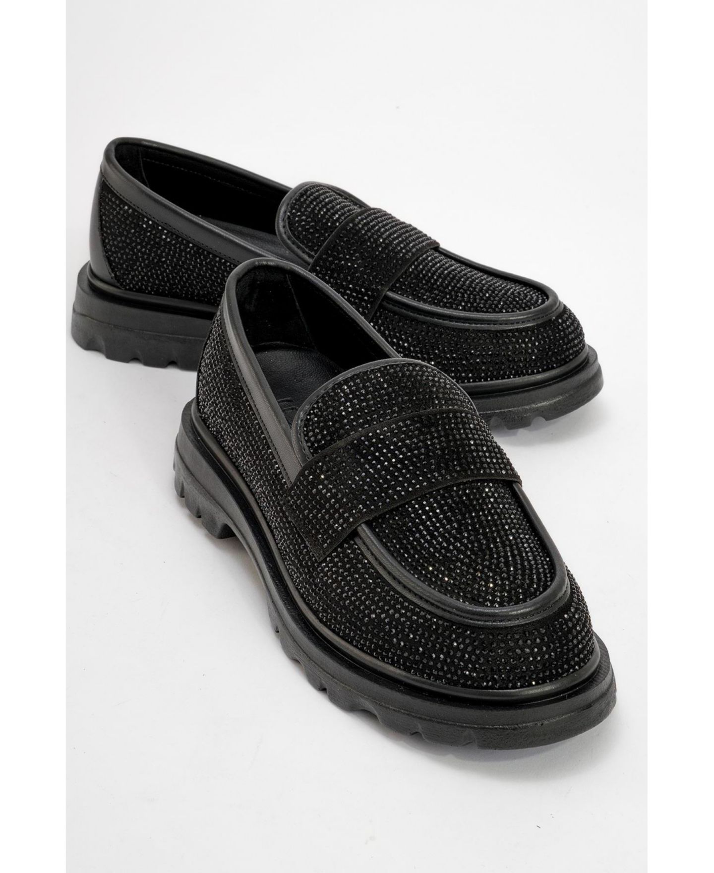 Женские замшевые лоферы Prologue Shoes Babel с камнями, цвет: Чёрная искусственная кожа — фото 1