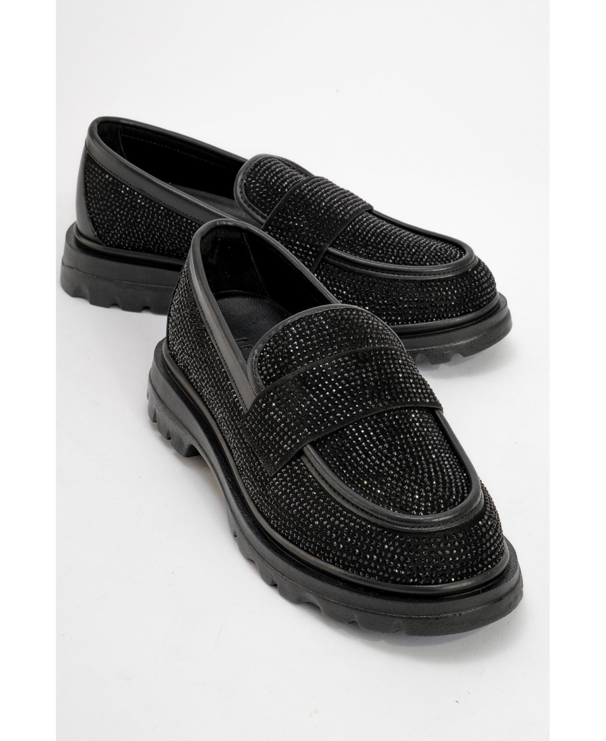 Babel Stone Embellished Suede Loafer (Women) - Black faux leather