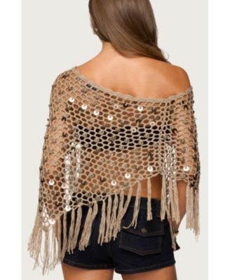 Women's Fringe Sequin Crochet Poncho