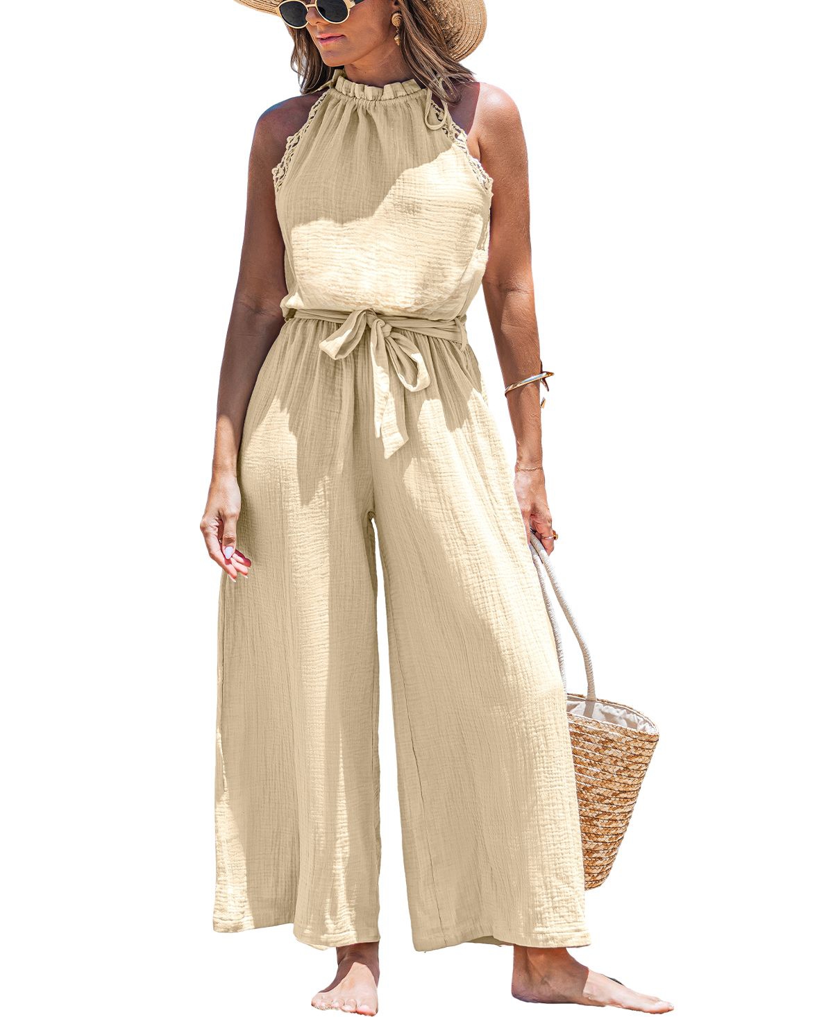 Women's Sleeveless Ruffle Neck Wide-Leg Jumpsuit - Light beige