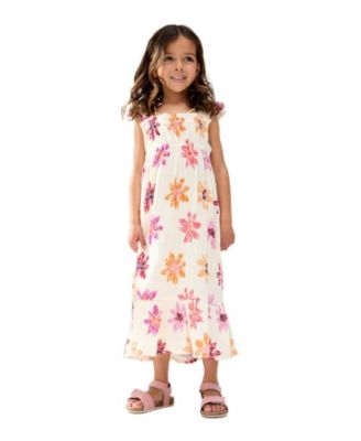 Little Girls Raffya Flora Gathered Hand Drawn Floral Print Dress