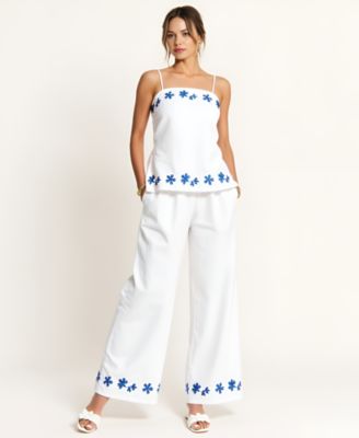 Women's Embroidered Floral Hem Camisole and Wide-Leg Pant Set