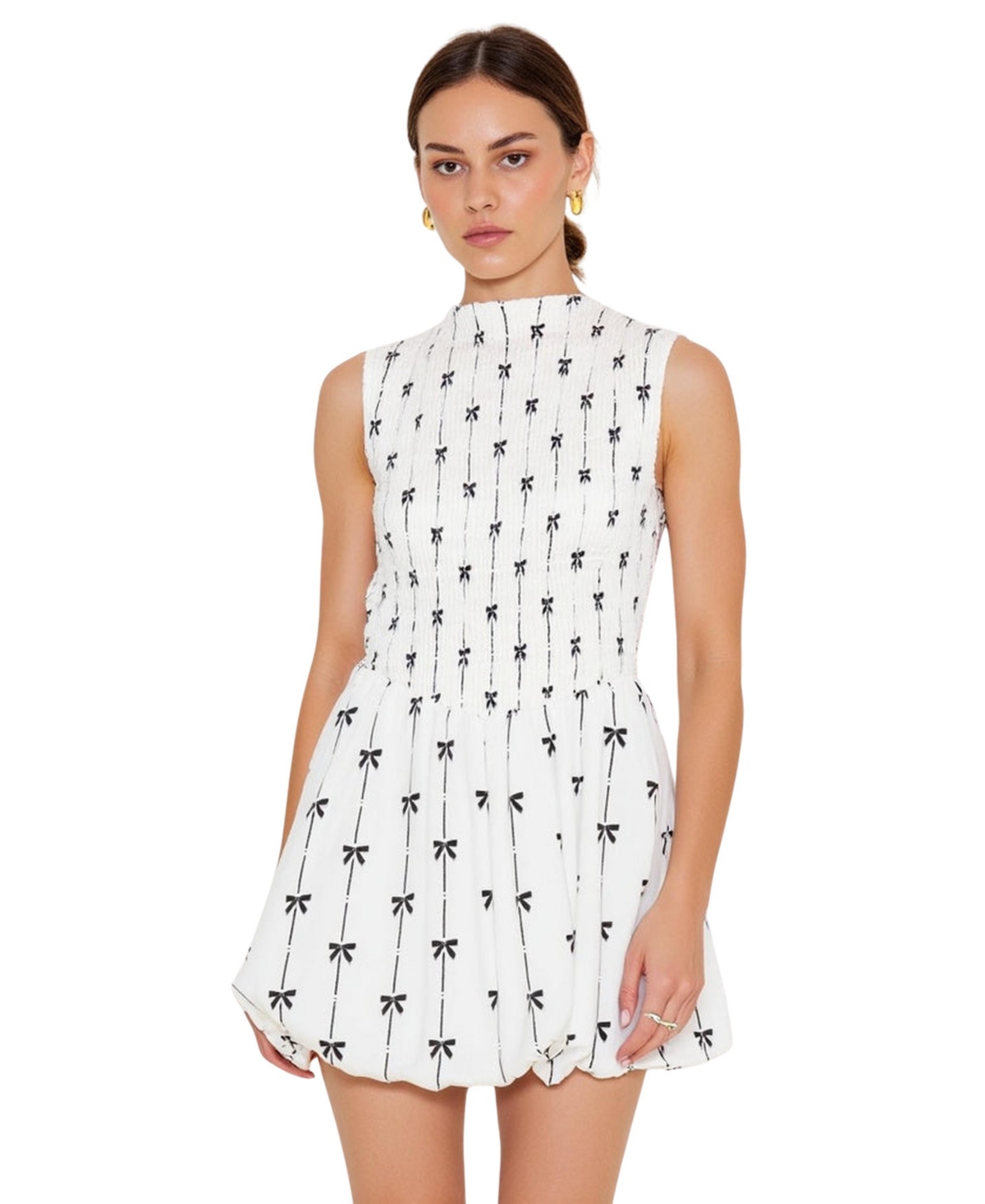 Women's Sleeveless Smocked High Neck Embroidered Mini Dress - White