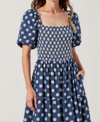 Women's Smocked Puff-Sleeve Tiered Midi Dress with Pockets