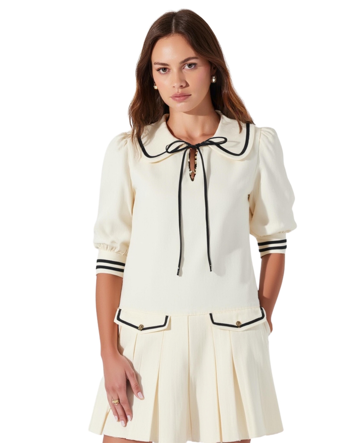 Women's Pleated Contrast Collar Bow Tie Mini Dress - White