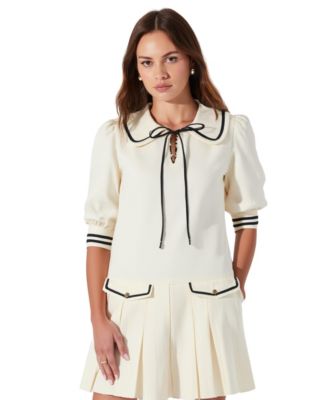 Modenaire Women's Pleated Contrast Collar Bow Tie Mini Dress - White