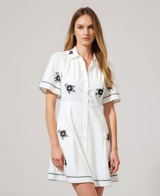 Women's Short-Sleeve Embroidered Scalloped Shirt Dress