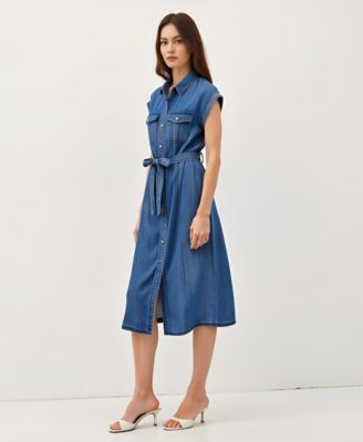 Women's Sleeveless Button-Front Tie-Waist Midi Shirt Dress