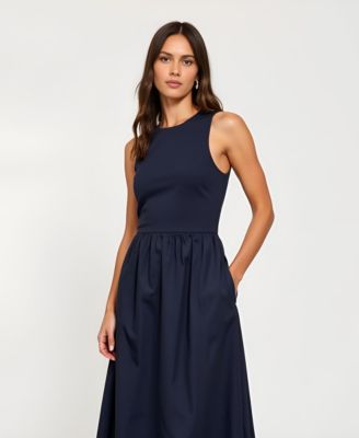 Women's Sleeveless Crewneck Gathered Waist Midi Dress