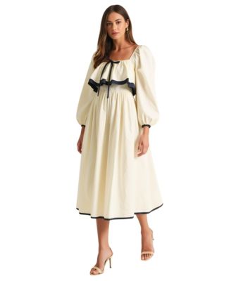 Women's Long Sleeve Ruffle Trim Tie Front Midi Dress